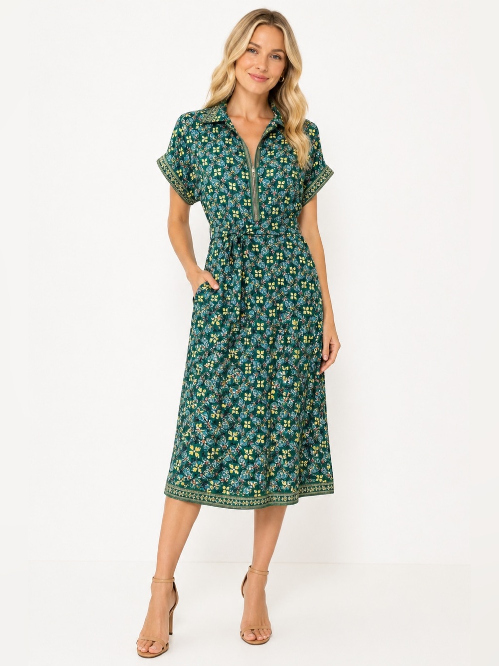 NWT Max Studio Green Print Midi Shirtdress